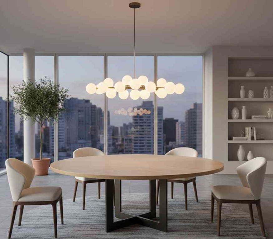 Custom round dining table with elegant chairs in modern dining room interior