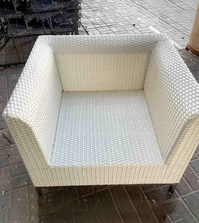 Outdoor chair with woven fabric upholstery and square shape