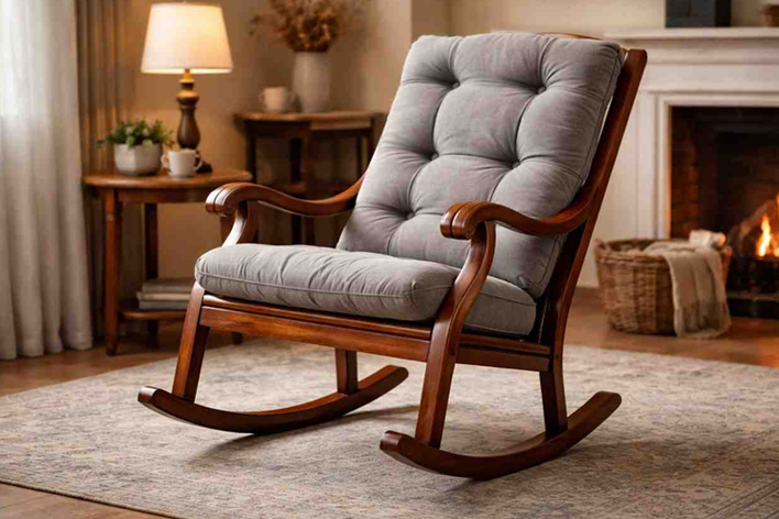 Classic custom wooden rocking chair with cushioned seat in cozy living room setting Dubai