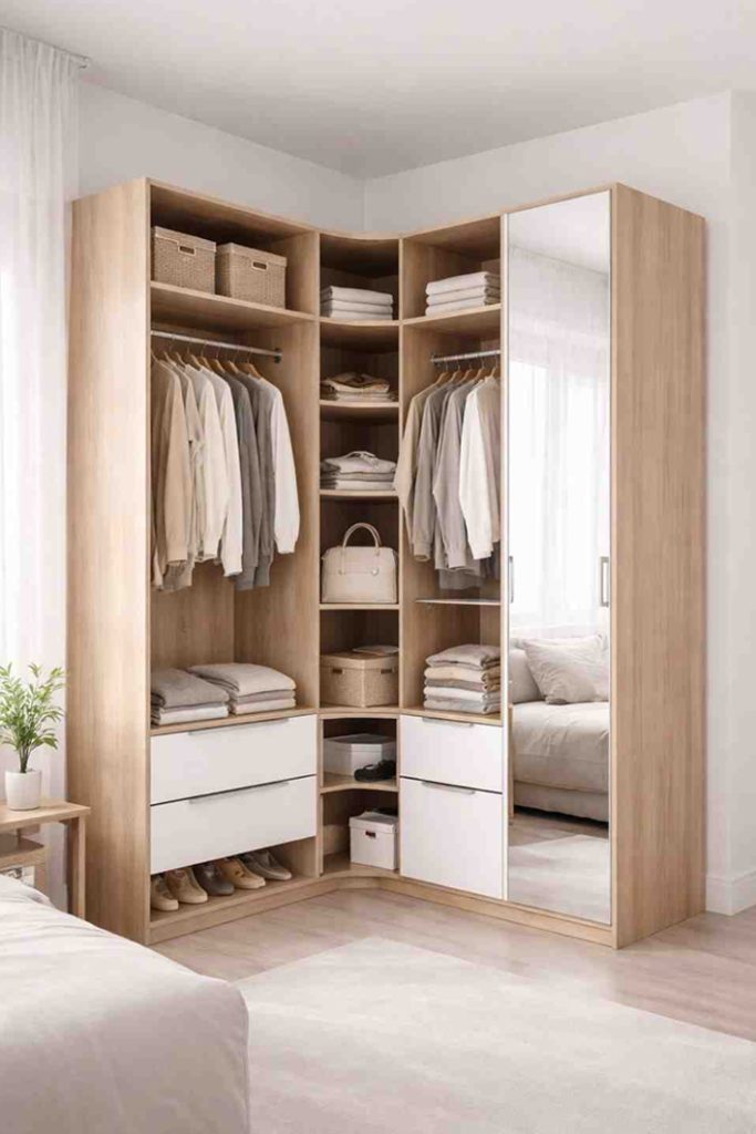 Space saving corner wardrobe with hanging clothes, shelves, drawers and mirrored door for smart bedroom storage