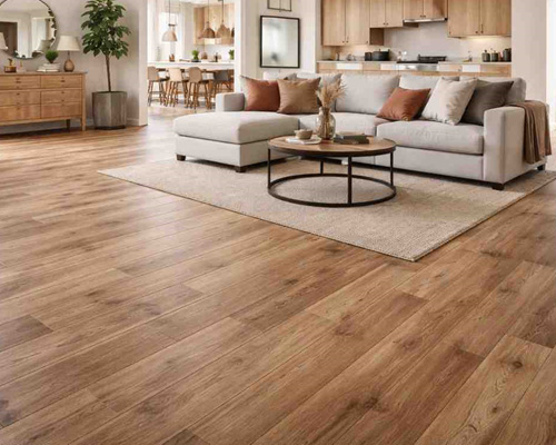 Contemporary living space featuring wood-look vinyl plank flooring with natural hardwood appearance.