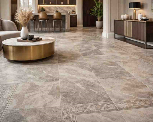 Elegant living area with luxury vinyl tile (LVT) flooring in stone design and premium interior finish.