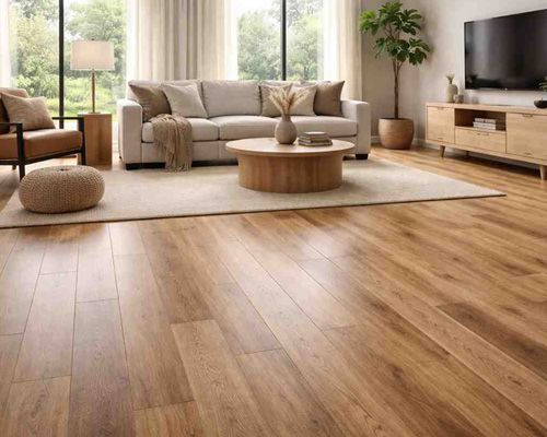 Wood-look vinyl plank flooring installed in a modern living room with natural hardwood finish.