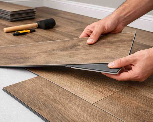 Close-up of click-lock vinyl flooring planks being installed with interlocking system.