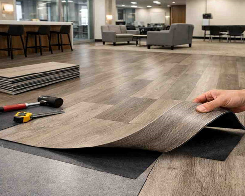 Loose lay vinyl flooring sheet being placed without adhesive in a modern office interior