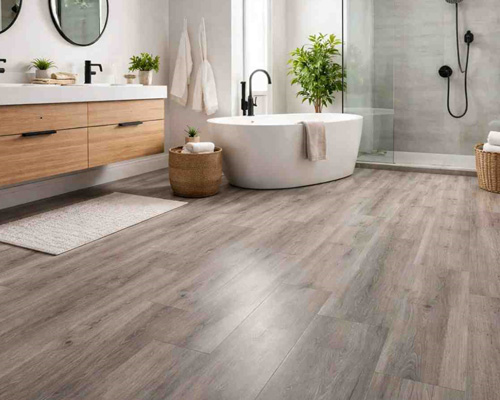 Waterproof vinyl flooring installed in a modern bathroom with freestanding bathtub and wood-look finish.