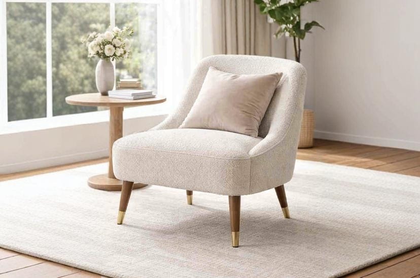 Stylish accent chair with light fabric upholstery near a window