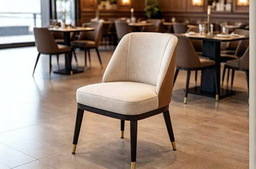 Upholstered dining chair placed inside a modern restaurant setting