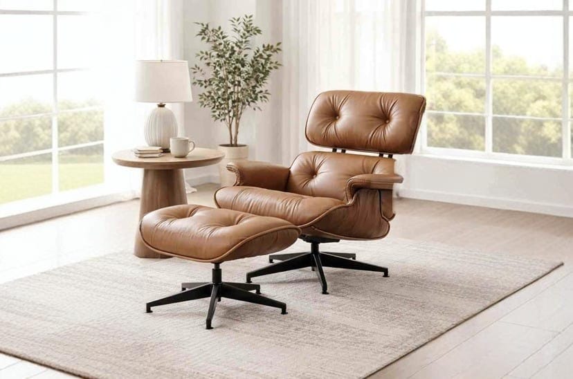 Padded lounge chair with matching ottoman and soft upholstery