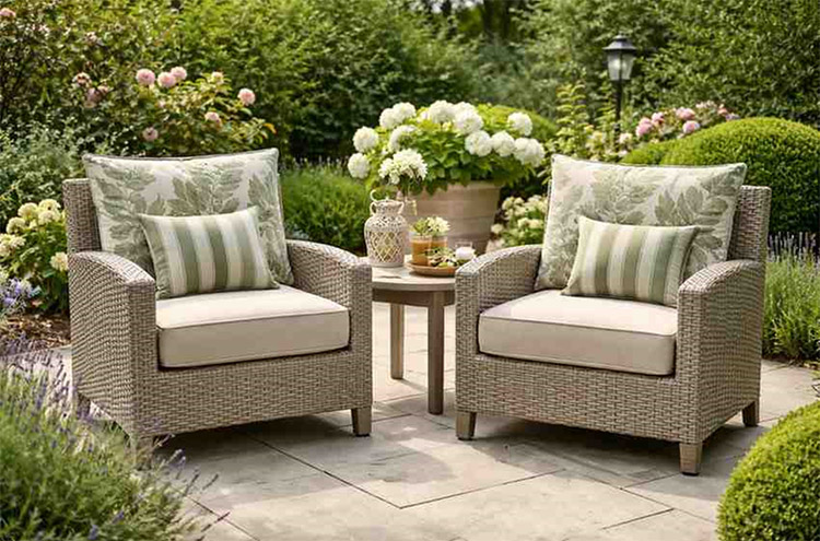 Outdoor garden chairs with comfortable, weather-resistant seat and back cushions