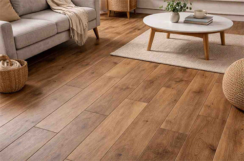 Plank LVT flooring design for residential living room interior