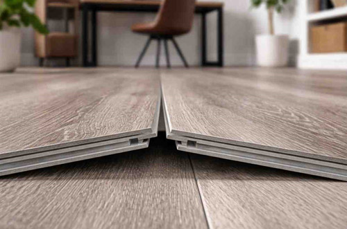 Click-lock LVT flooring planks with interlocking installation system