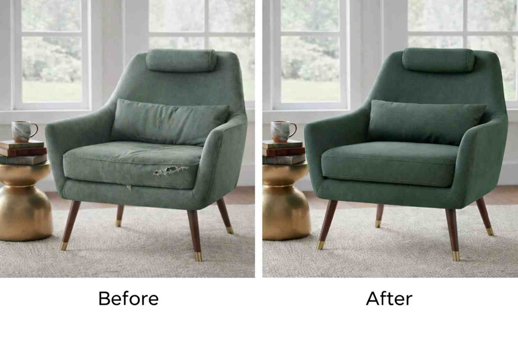 Before and after chair reupholstery showing fabric repair and refurbishment in Dubai
