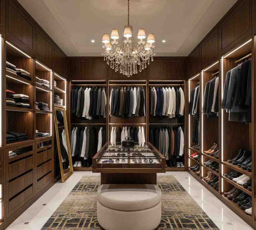 Luxury walk in wardrobe with wooden shelves, hanging suits, shoe storage, glass island display and chandelier lighting