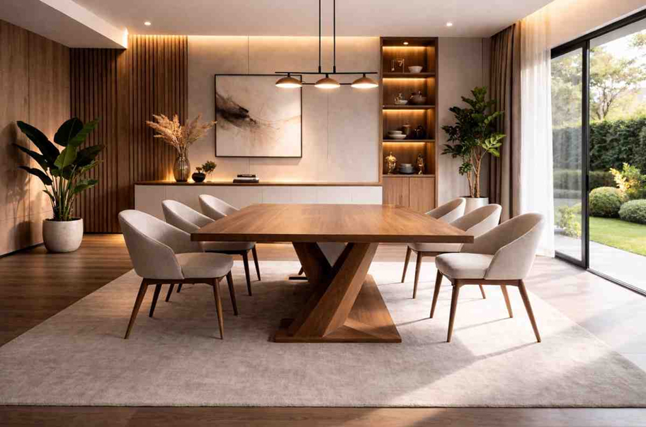 Custom wooden dining table with upholstered dining chairs in a modern dining room interior
