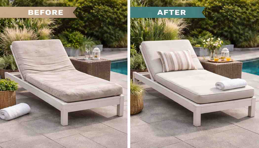 Before and after sunbed cushion reupholstery showing restored outdoor cushion on poolside lounger in Dubai