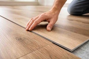 SPC flooring plank installation close-up in living space