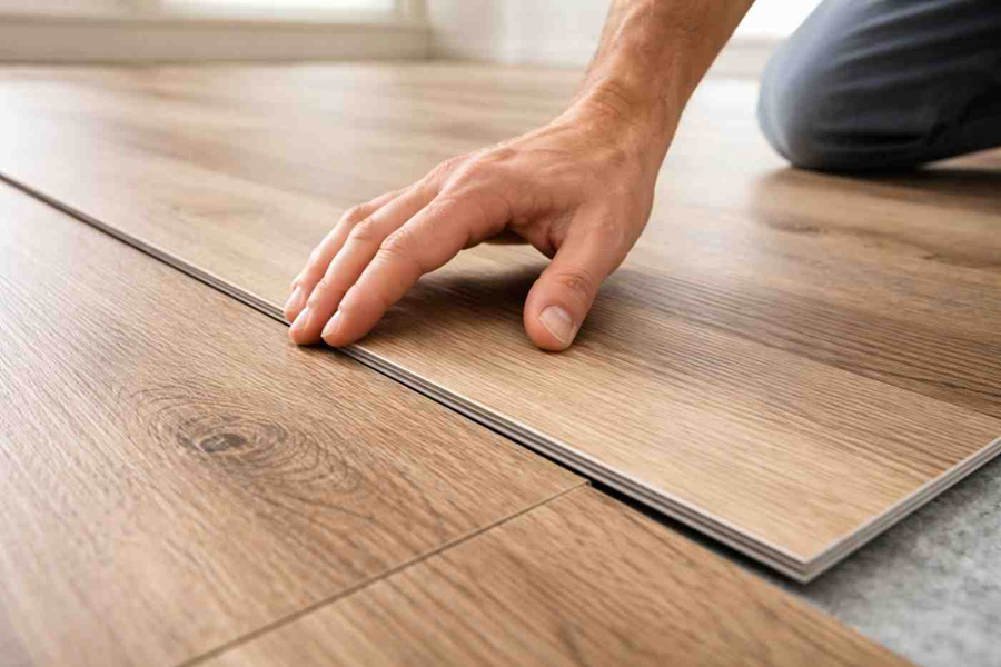 SPC flooring plank installation close-up in living space