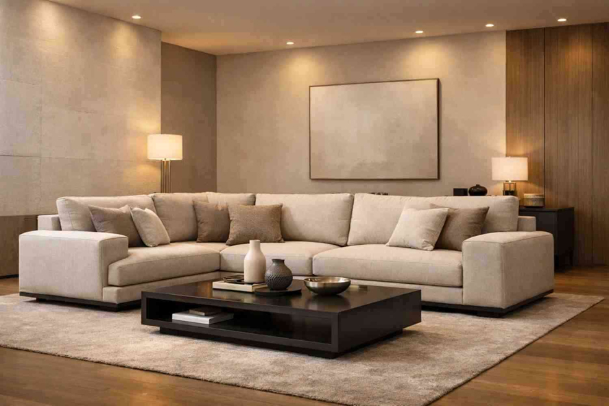 Modern custom made L-shaped sofa with soft fabric upholstery in elegant living room setting