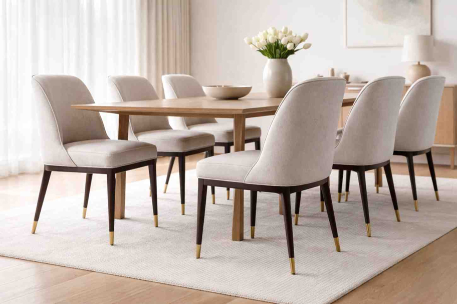Custom made upholstered dining chairs with wooden legs around a modern dining table in a Dubai home interior