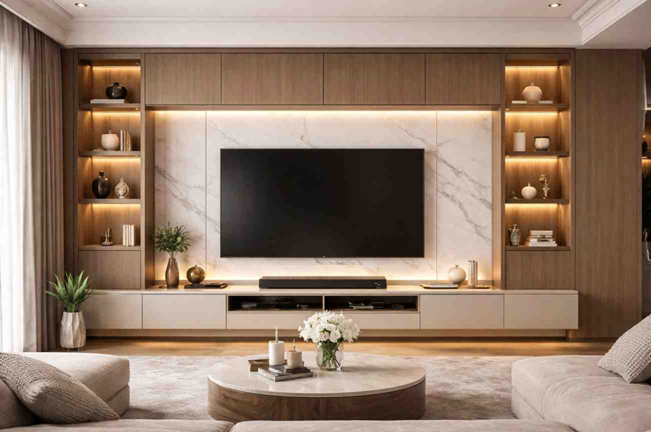 A modern, custom-made wooden TV cabinet with integrated warm lighting, marble back paneling, and open shelving.