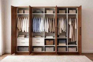 Modern custom made wooden wardrobe with open doors, hanging clothes, shelves, drawers and storage boxes in a stylish bedroom interior