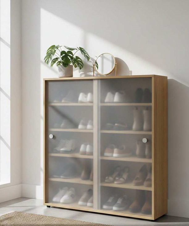 Wooden shoe storage cabinet with doors and shelves for organized footwear storage
