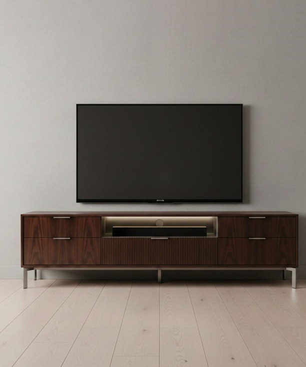 Wooden TV cabinet with storage compartments for living room entertainment setup