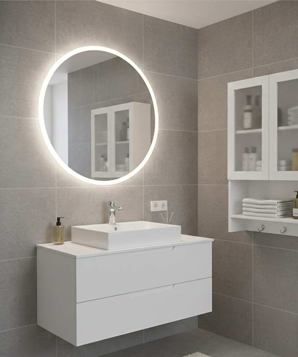 Modern bathroom storage cabinet with floating vanity, mirror, and wall-mounted shelves