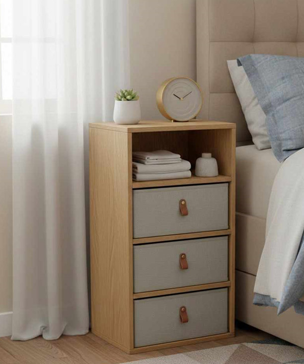 Bedroom storage cabinet with drawers and open shelf in compact wooden design