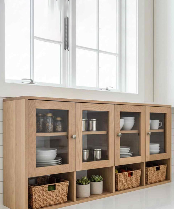 Custom kitchen storage cabinet with glass doors and open shelves in wooden finish