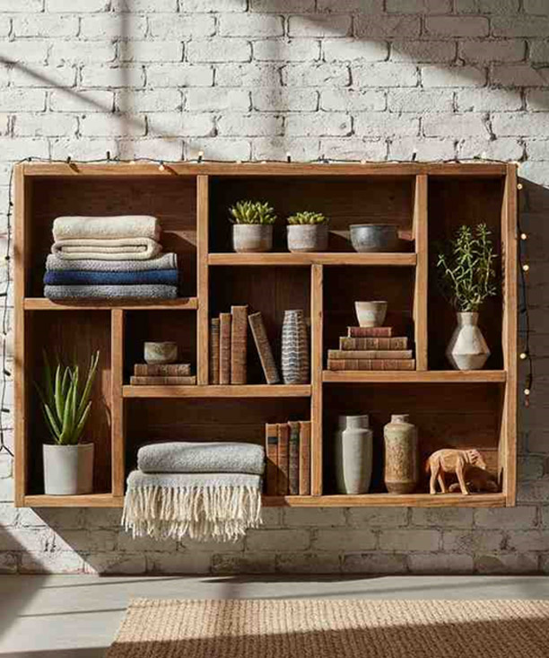 Wood storage display shelf with open compartments for books, decor, and plants