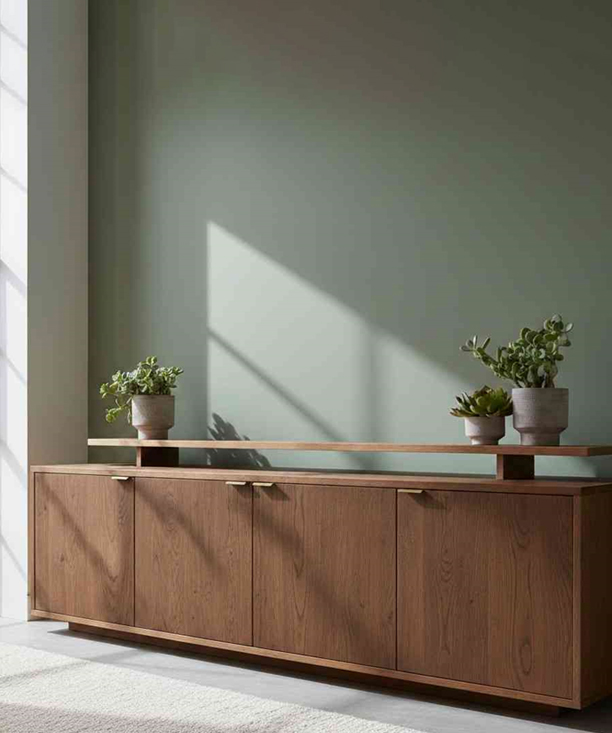 Low height wooden storage cabinet with doors for living room or hallway organization