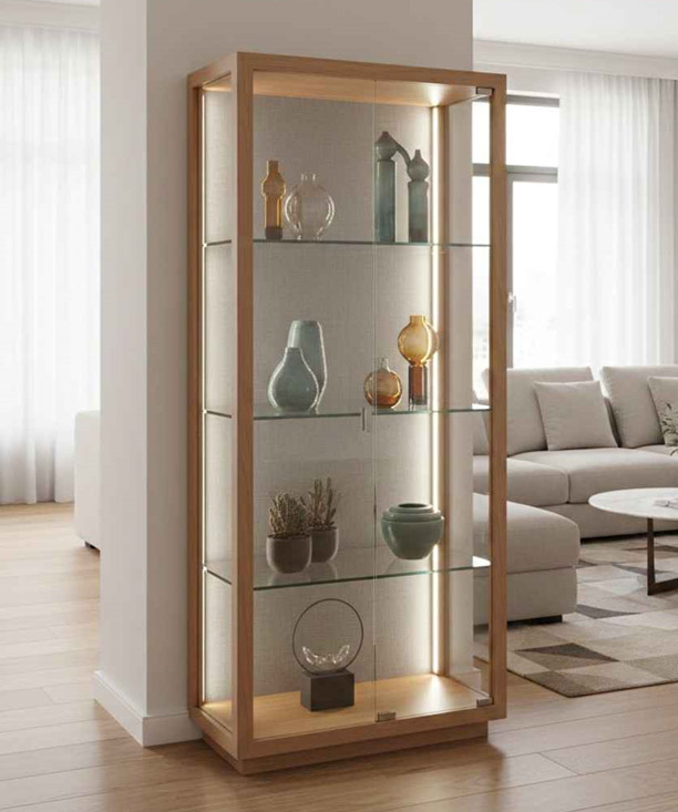 Glass display cabinet with wooden frame and shelves for showcasing decor items