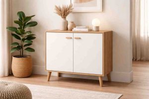 Custom storage cabinet with white doors and wooden frame in modern living room