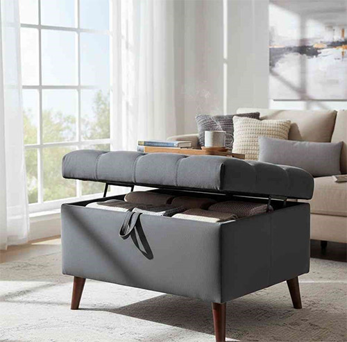 Custom made storage ottoman with hidden compartment for blankets and cushions