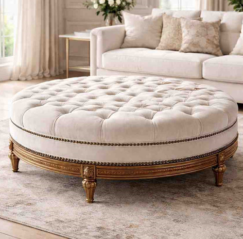 Custom made luxury upholstered ottoman with elegant tufted fabric design