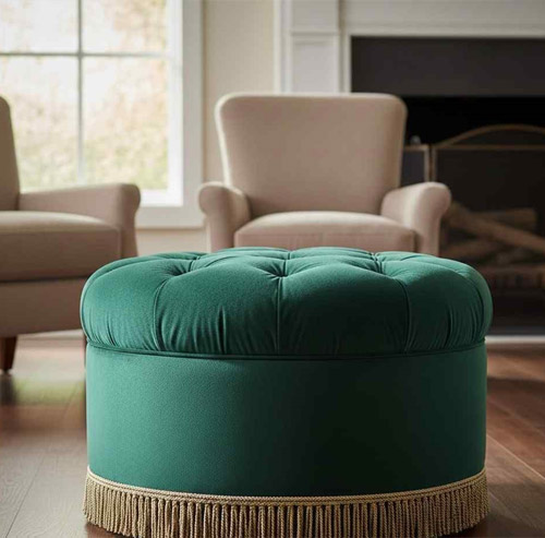 Custom made footstool ottoman with tufted upholstery for living room seating