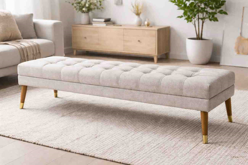 A long, tufted light gray ottoman with wooden gold-tipped legs sits on a textured rug in a bright, modern living room.