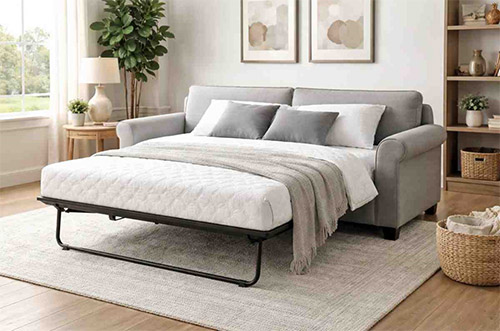 Light grey pull-out sofa bed with hidden mattress extended for sleeping