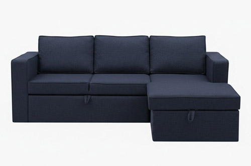 Dark blue L-shaped sofa bed with chaise section and storage compartment