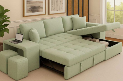 Light green storage sofa bed with lift-up seat and hidden compartments