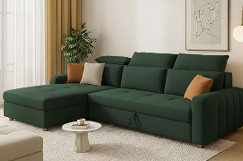 Dark green corner sofa bed with chaise lounge and modern cushions