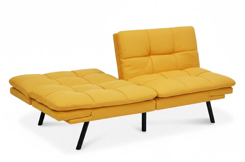 Yellow futon sofa bed with split backrest and sleek metal legs