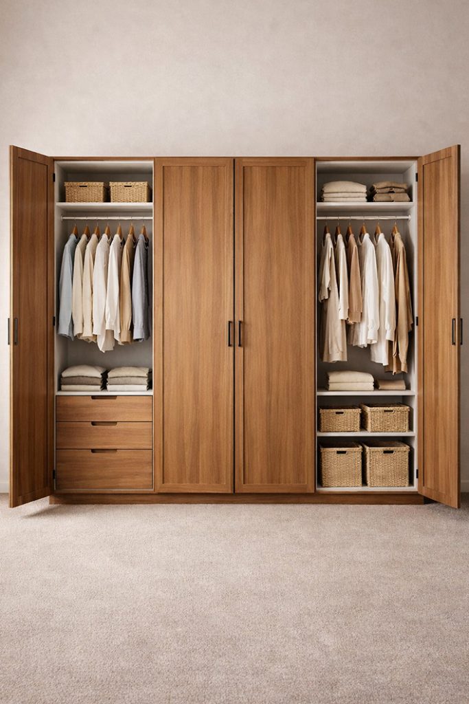 4 door wooden wardrobe with hanging sections, drawers and basket storage, ideal for large bedroom organization