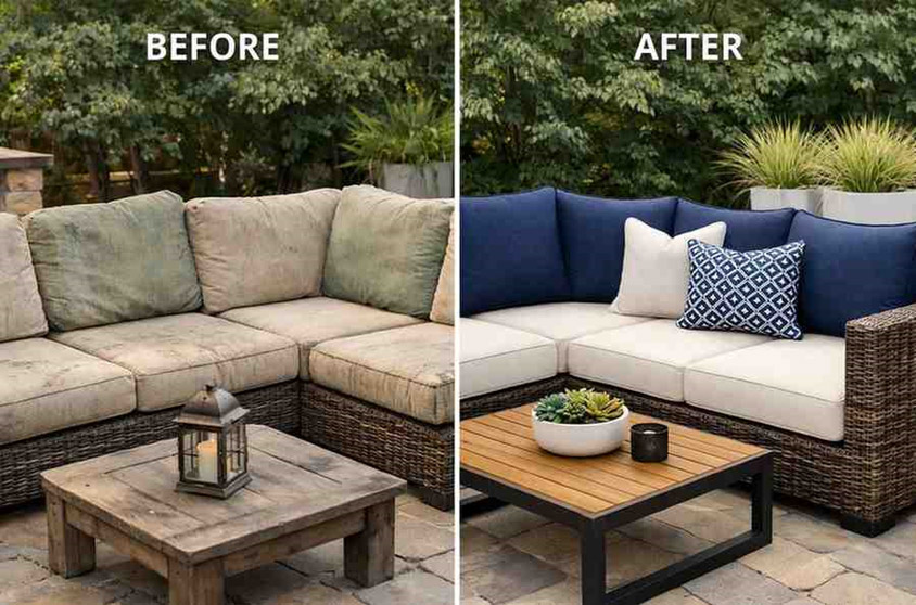 Before and after outdoor cushion reupholstery showing worn patio sofa transformed with new weather-resistant cushions in Dubai