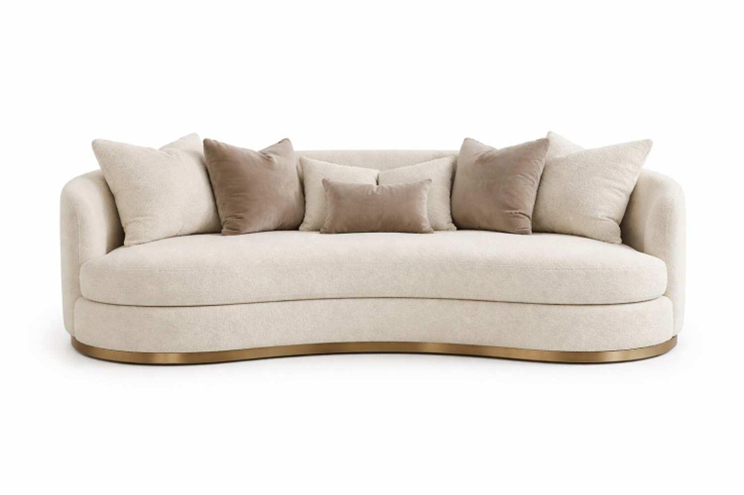 Custom made curved sofa with modern beige upholstery and elegant design