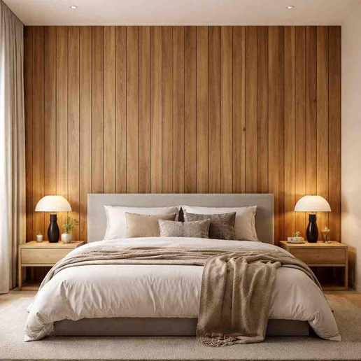 Bedroom wall with wooden cladding panels and modern bed setup