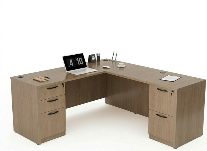 Modern L-shaped office desk with wooden finish, multiple drawers, and spacious work surface for corner office setup