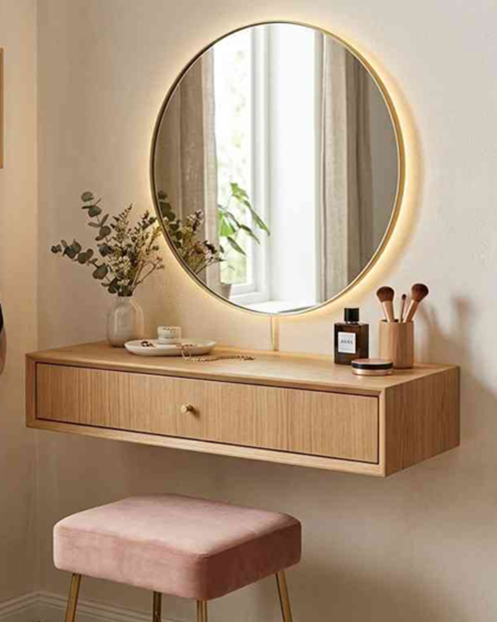 Wall mounted dressing table with round LED mirror and wooden finish in modern bedroom